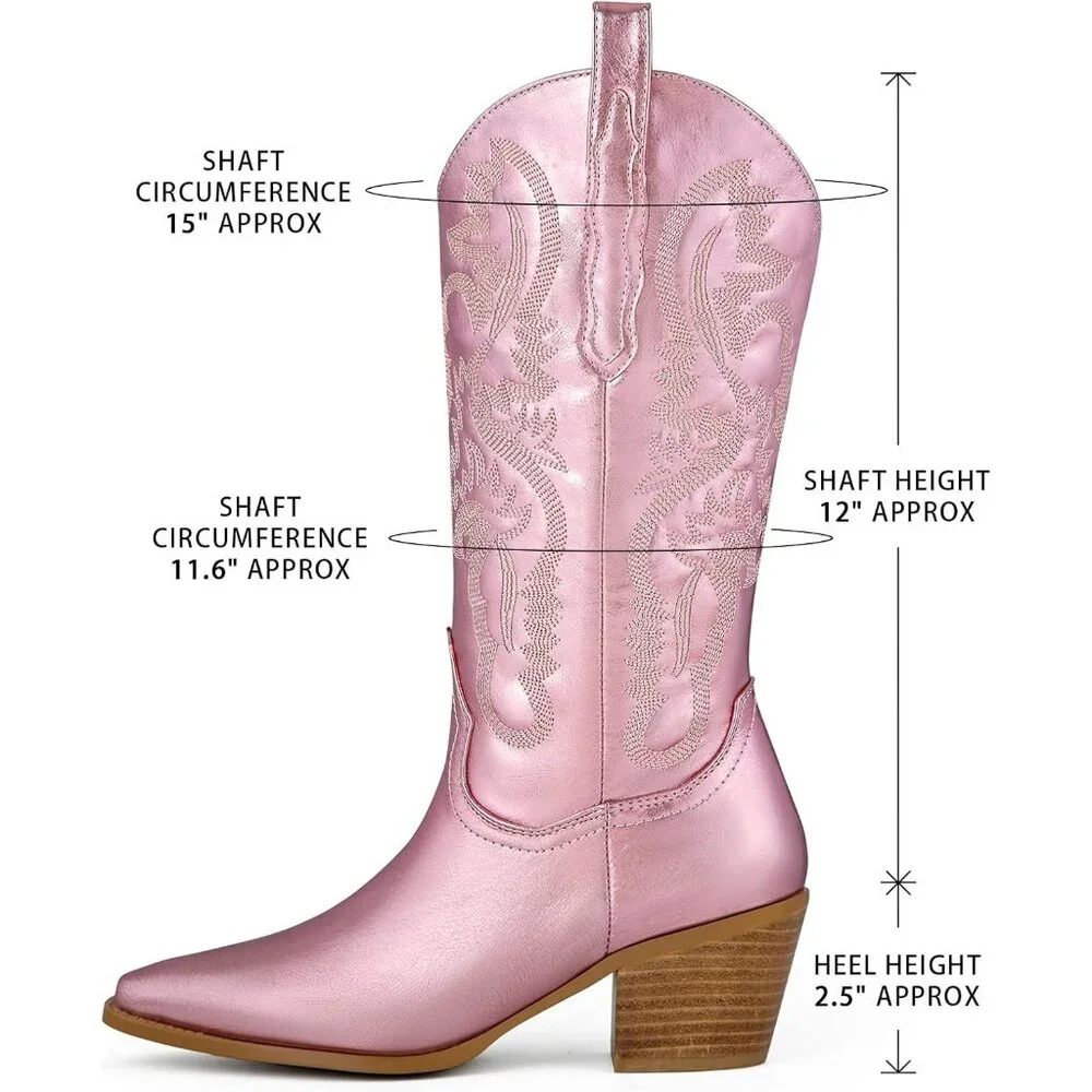 ✨ Women's Pink Cowgirl Boots Embroidered Cowboy Chunky Block Heel Western Boots